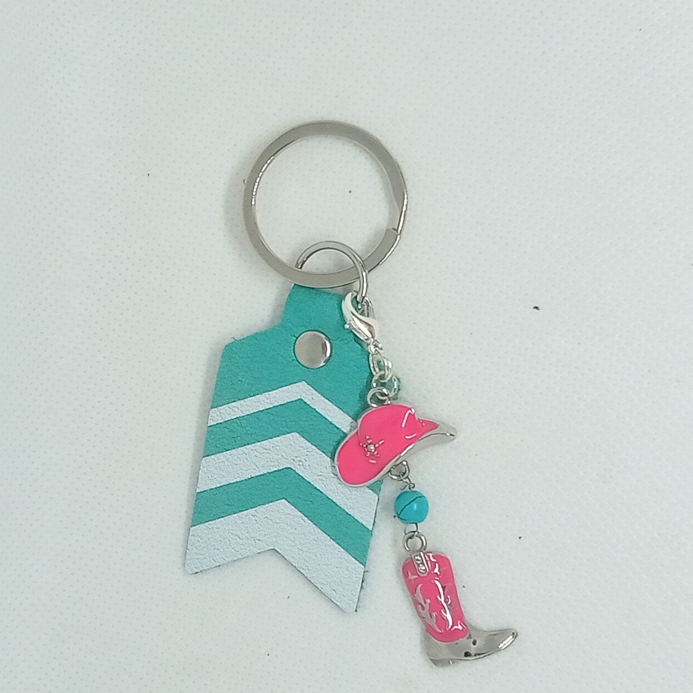 Chevron Pattern Keychain with Pink Boot and Hat Charms NEW Handmade